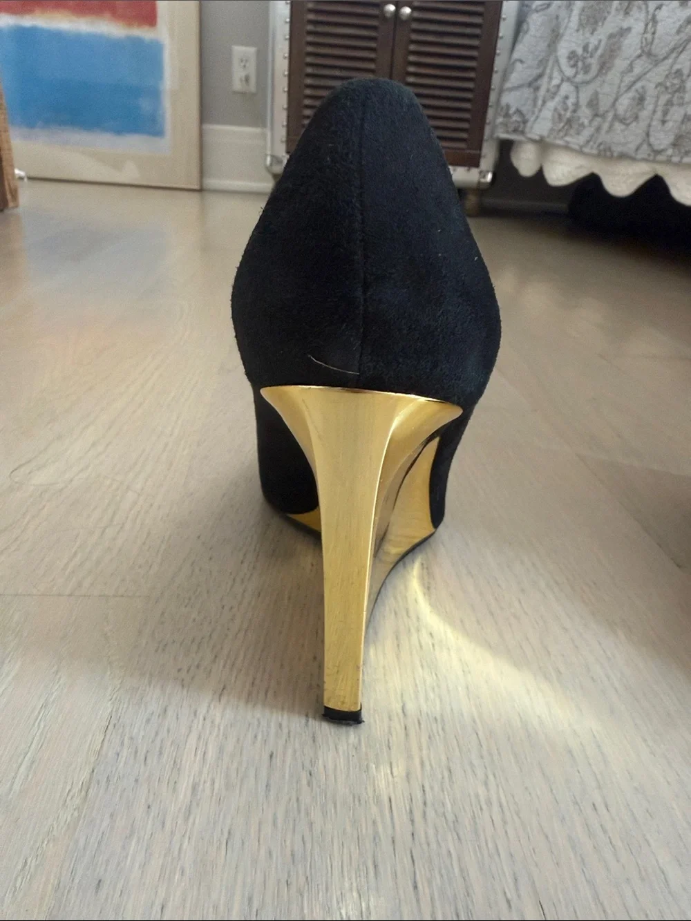 Diane Von Furstenberg Black Suede Wedges with Gold Wedge Heel